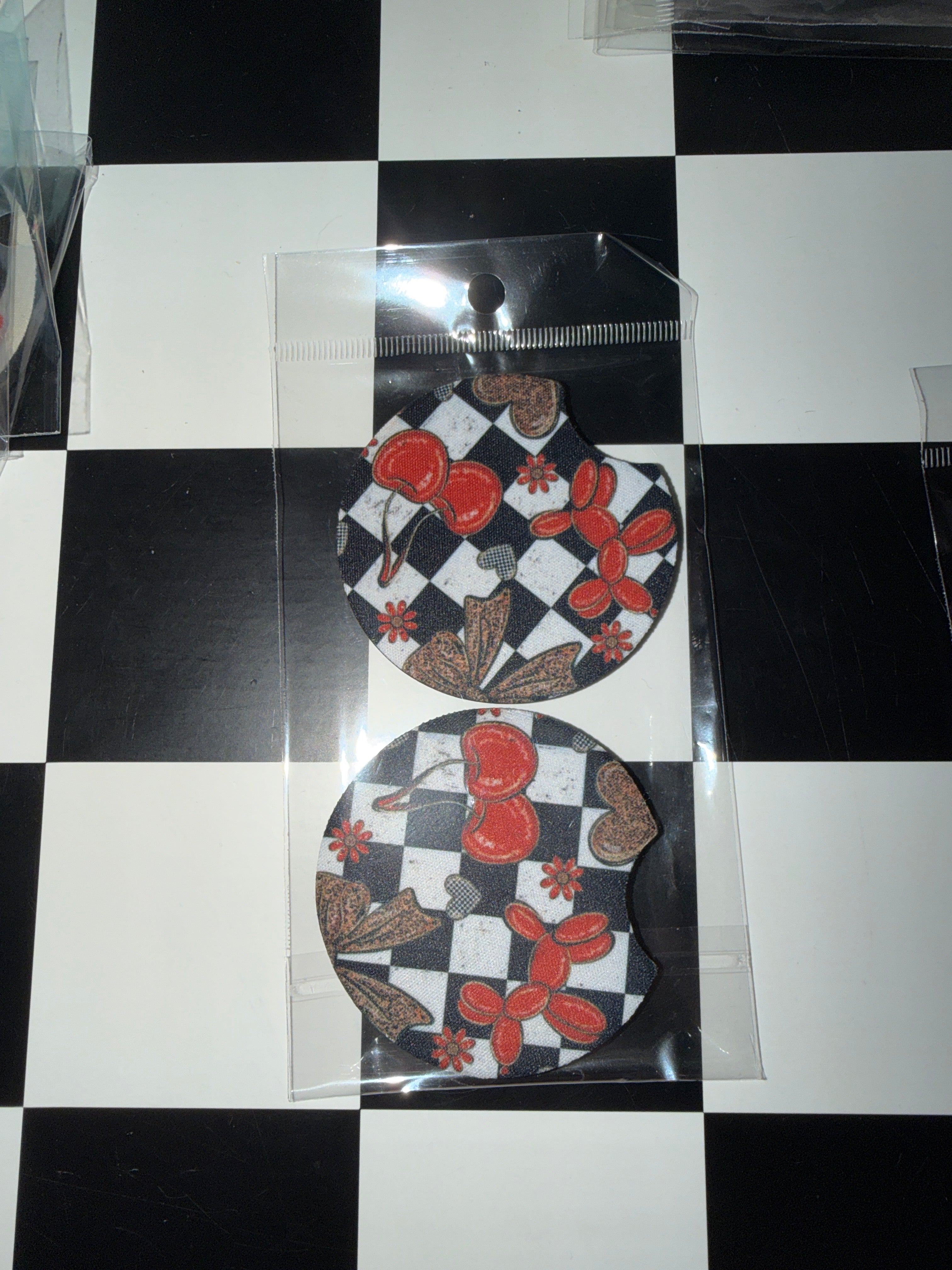 Checkered Cherry Balloon Dog Car Coaster Set