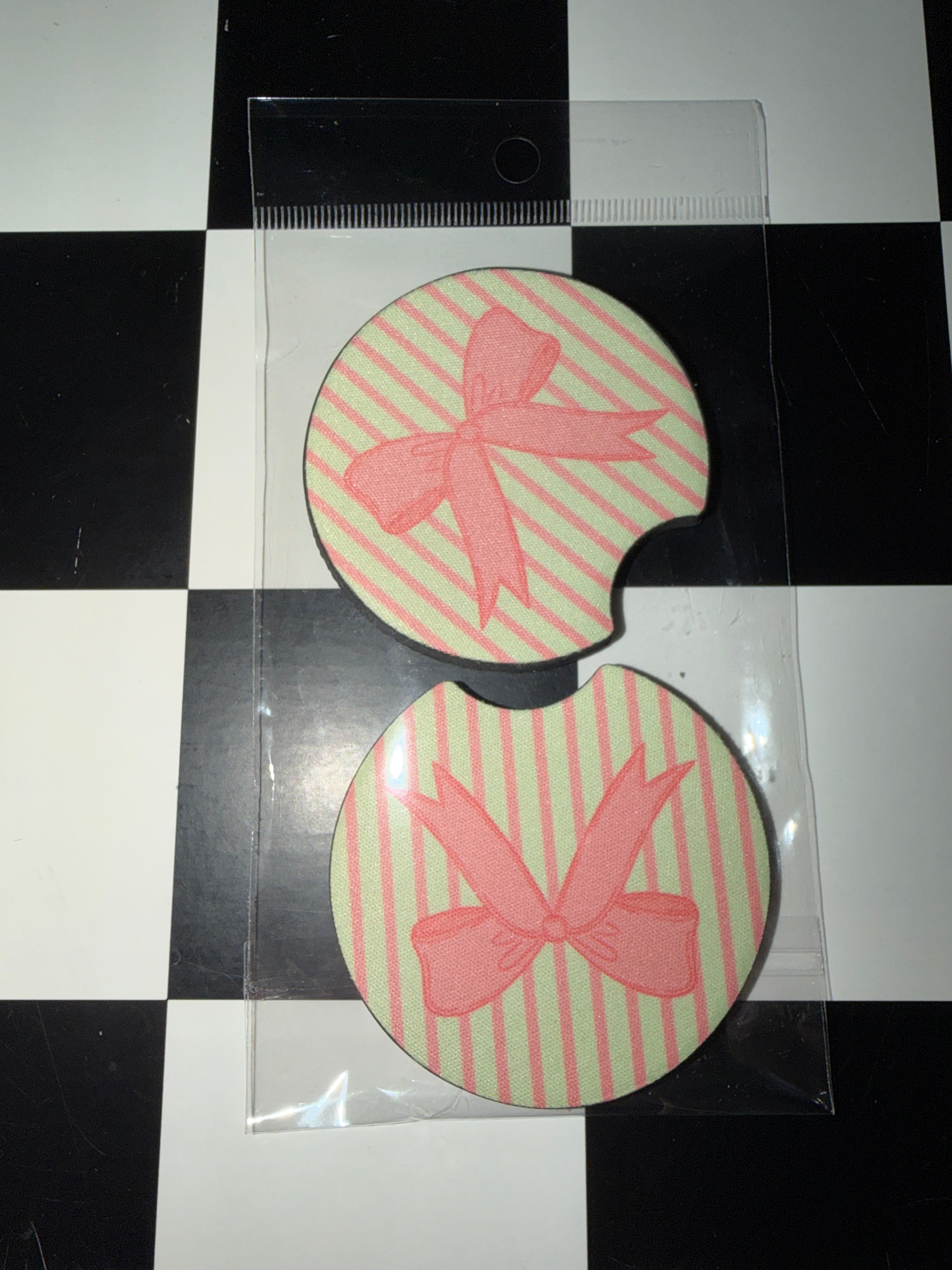 Pink Striped Bow Car Coaster Set
