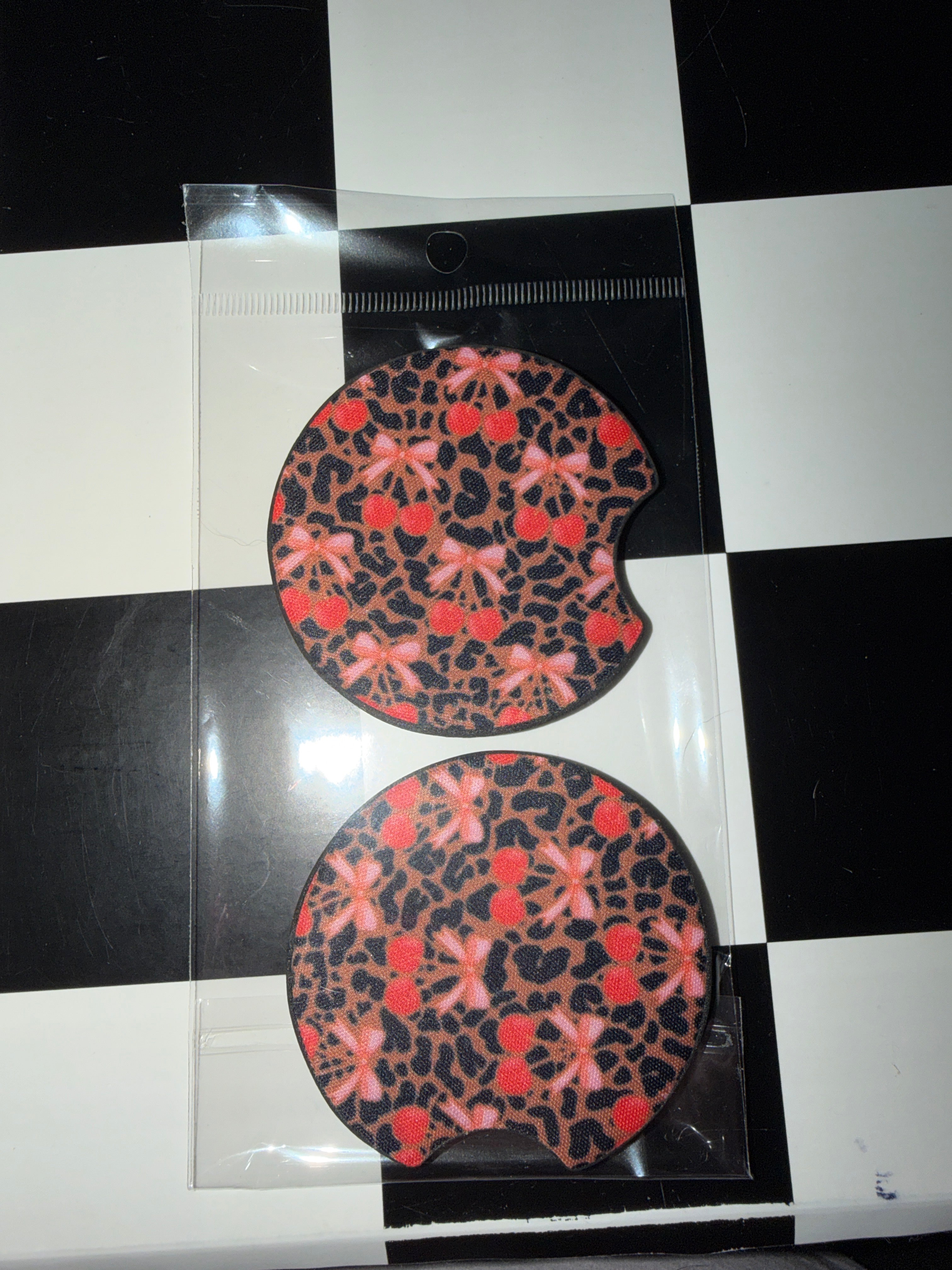 Leopard Cherry Bow Car Coaster Set