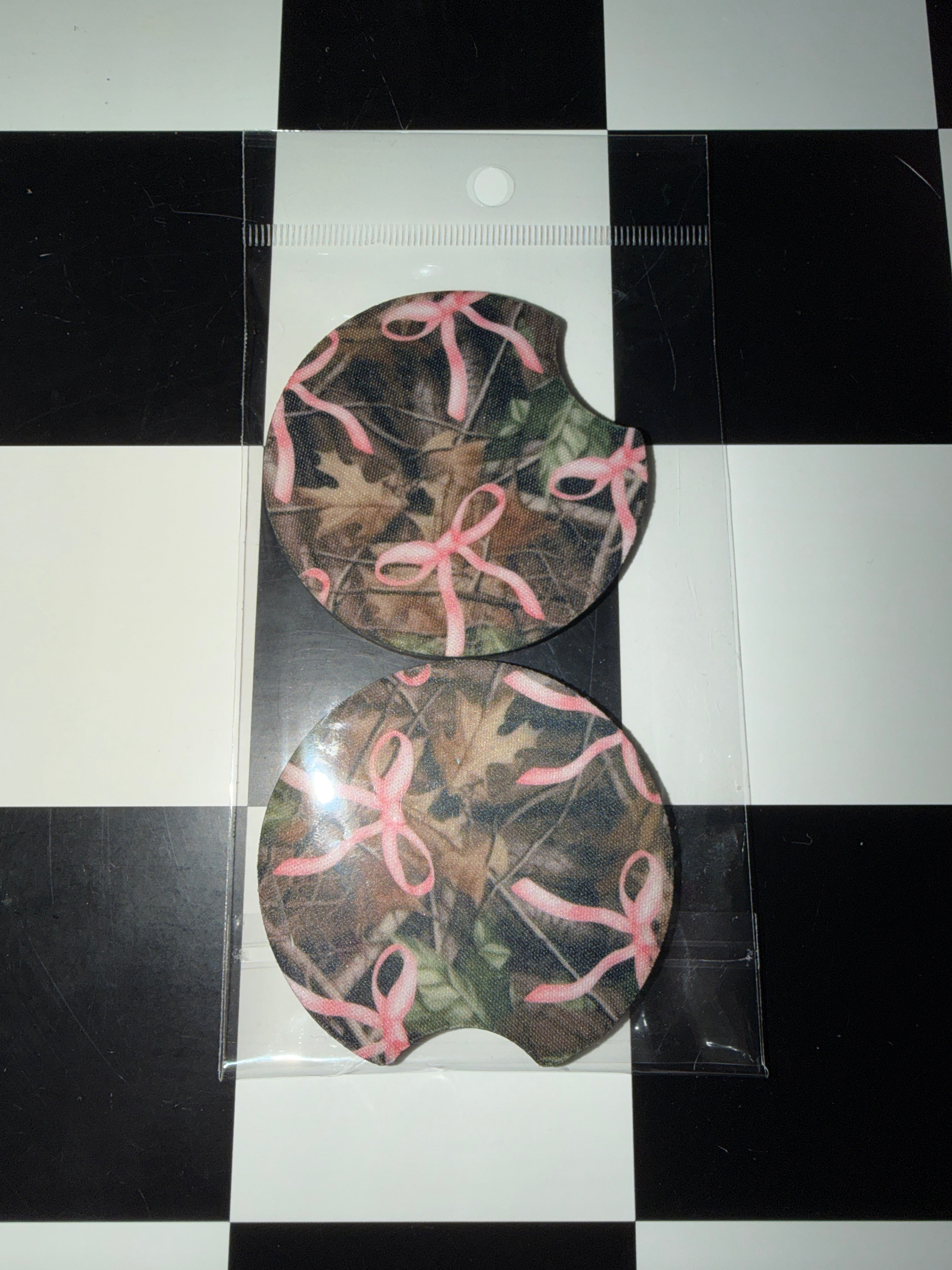 Camo & Pink Bows Car Coaster Set