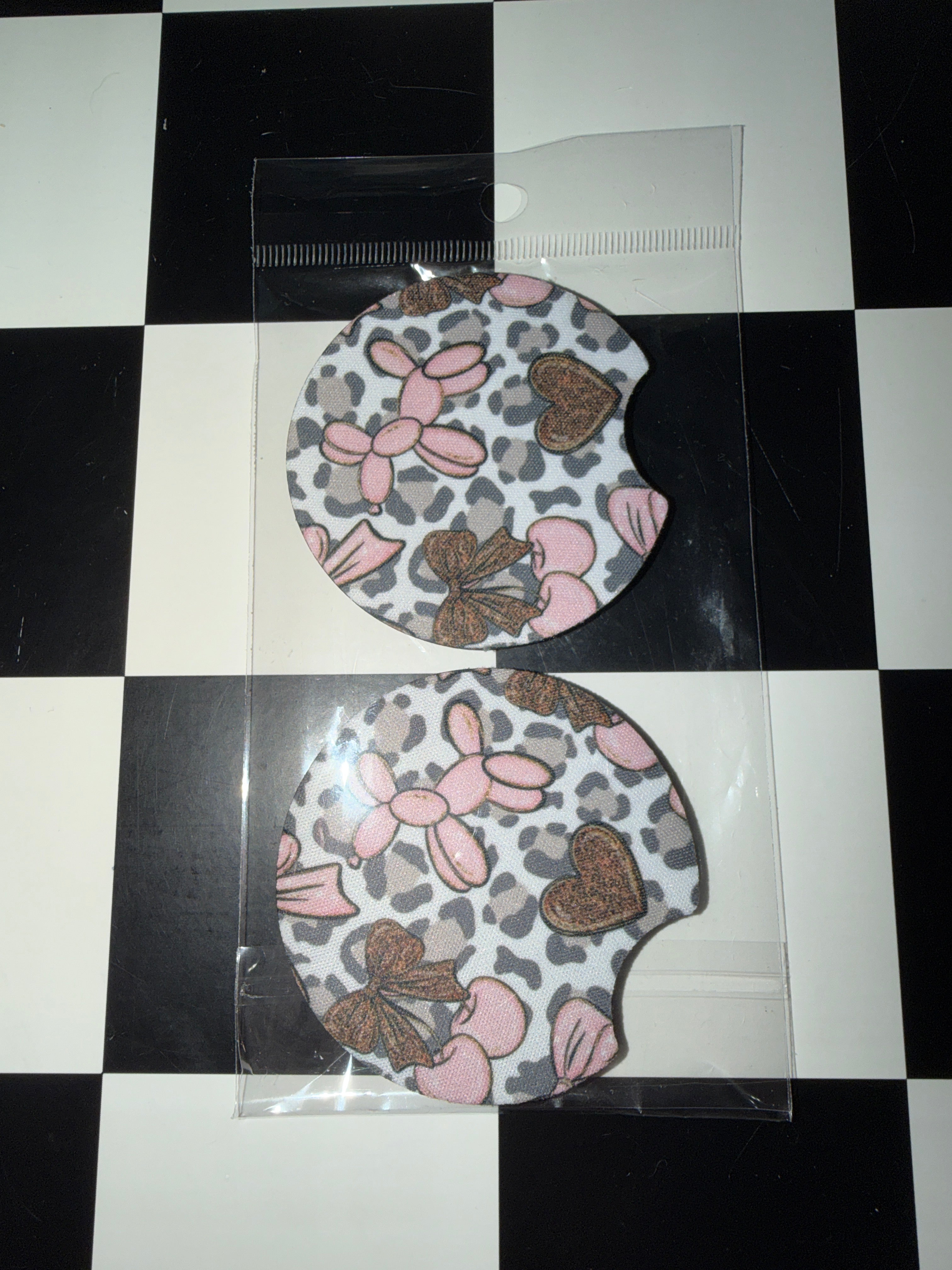 Leopard Pink Cherry Balloon Dog Car Coaster Set