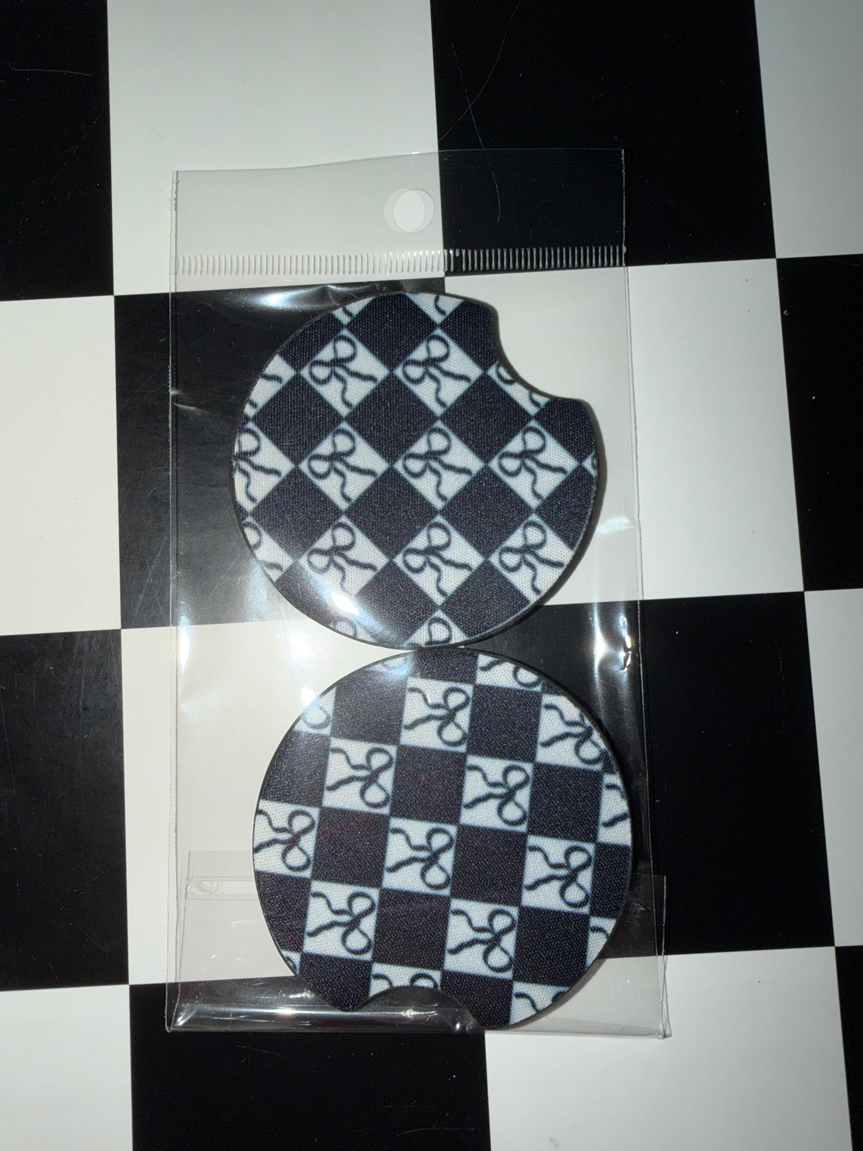 Checkered Bow Car Coaster Set